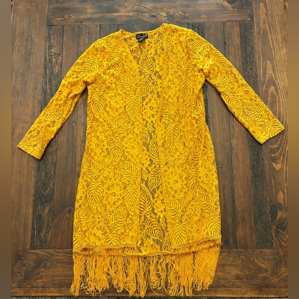 Mustard Kimono Fringe Duster Women's Medium Boho Western Hippie Festival